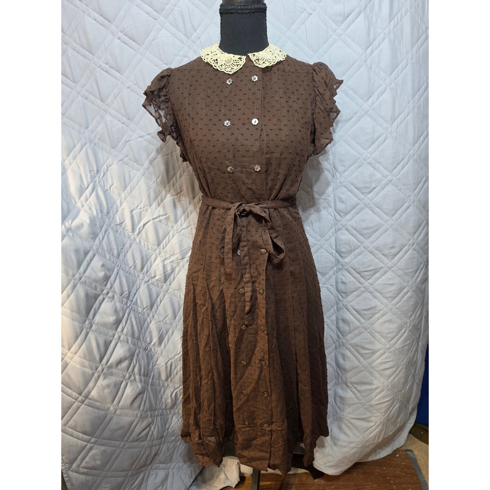 Vintage Albert Nipon Brown Swiss Dot Dress Lace Collar Midi Set Size 8
READ